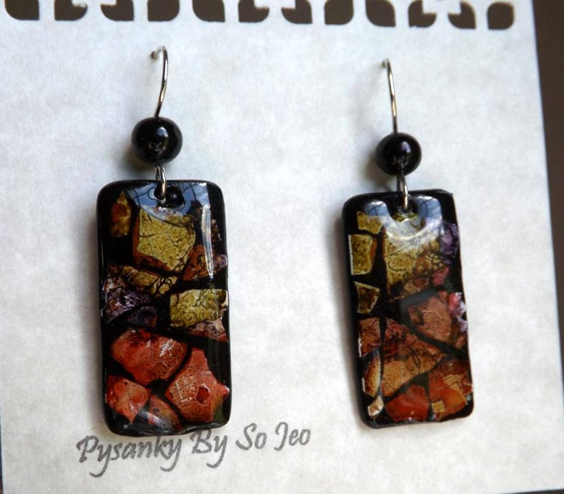 Chili Pepper, Purple and Lettuce Green Rectangles Earrings Eggshell Mosaic Jewelry by So Jeo